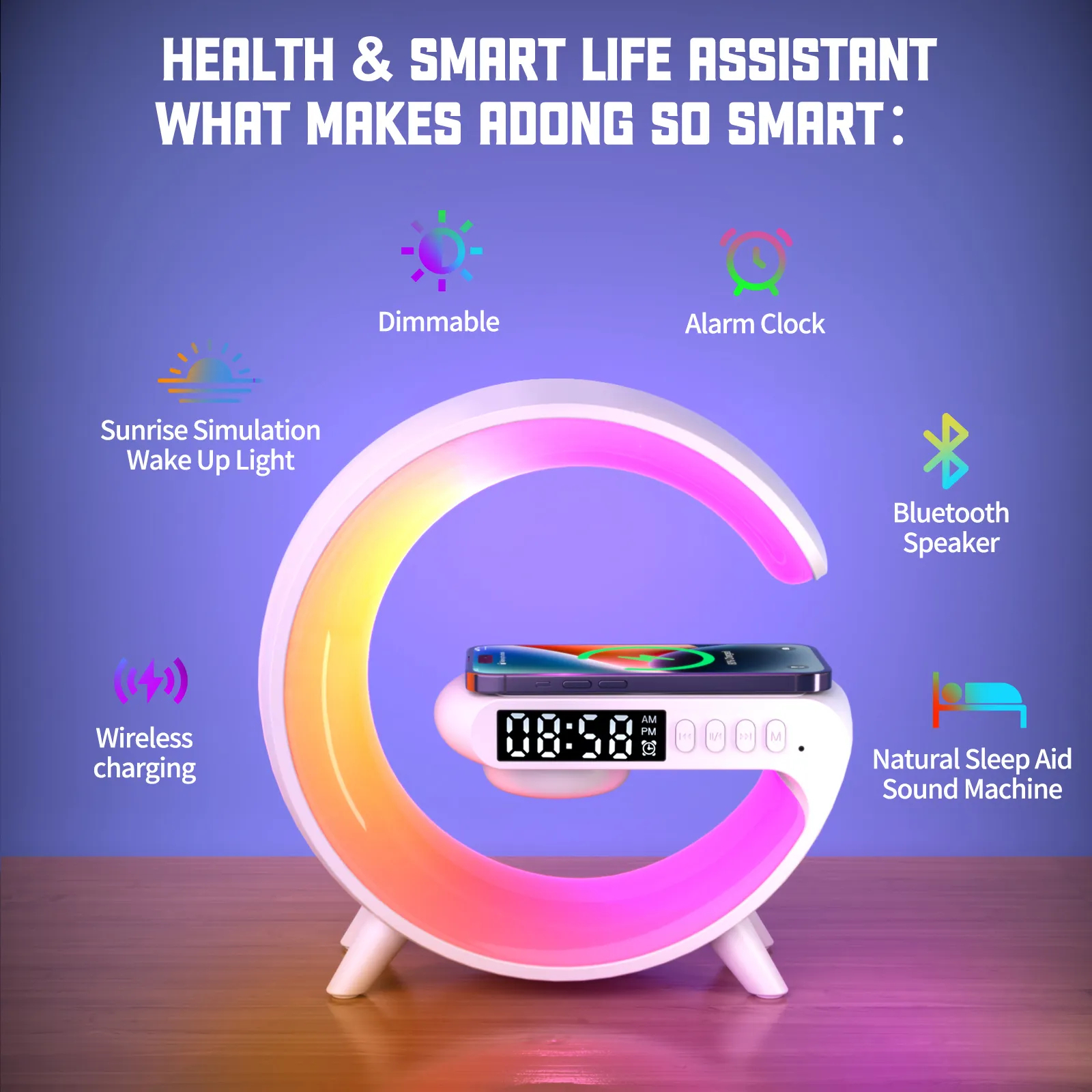5IN1 Smart wireless Charger Table Lamp Bluetooth Speaker Alarm Clock RGB Colorful Atmosphere Lights